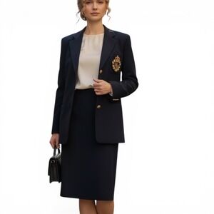 Lauren Ralph Lauren Vintage Navy Skirt Suit Blazer Crest Buttons Sz 8 USA Made